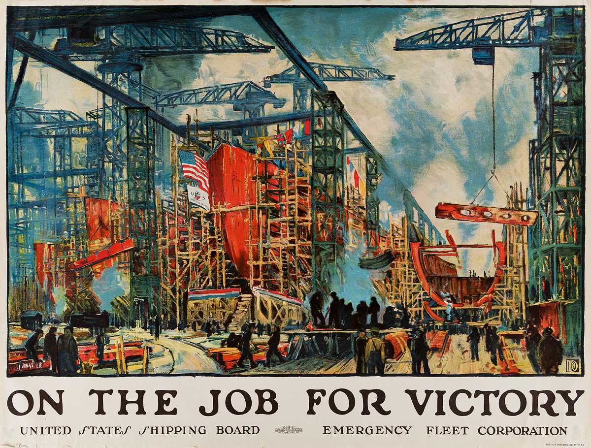 JONAS LIE (1880-1940). ON THE JOB FOR VICTORY. Circa 1918. 29x38 inches, 74x97 cm. W.F. Powers Co. Lith., New York.